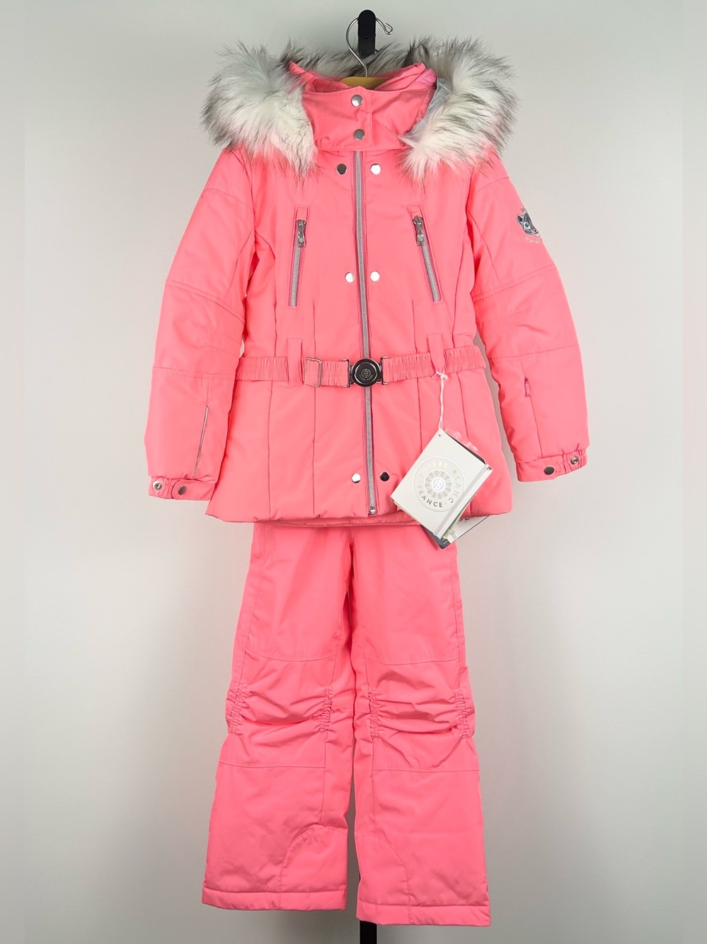 Poivre Blanc Girls Ski Jacket and Overall/Bib Ski Pants Set, Punch Pink, Size 7